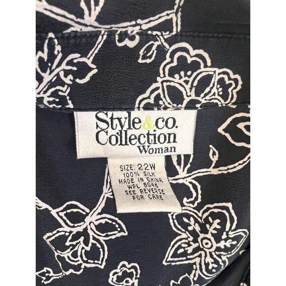 Style & Co Women's Plus Size 22W Black& White 100% Silk Floral Button Up Blouse - Picture 5 of 10